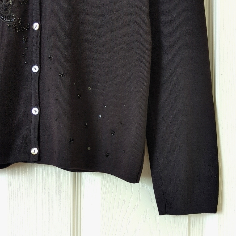 Michelle Nicole Floral Embroidered & Beaded Ribbed Knit V-neck Cardigan Black M - Picture 7 of 10